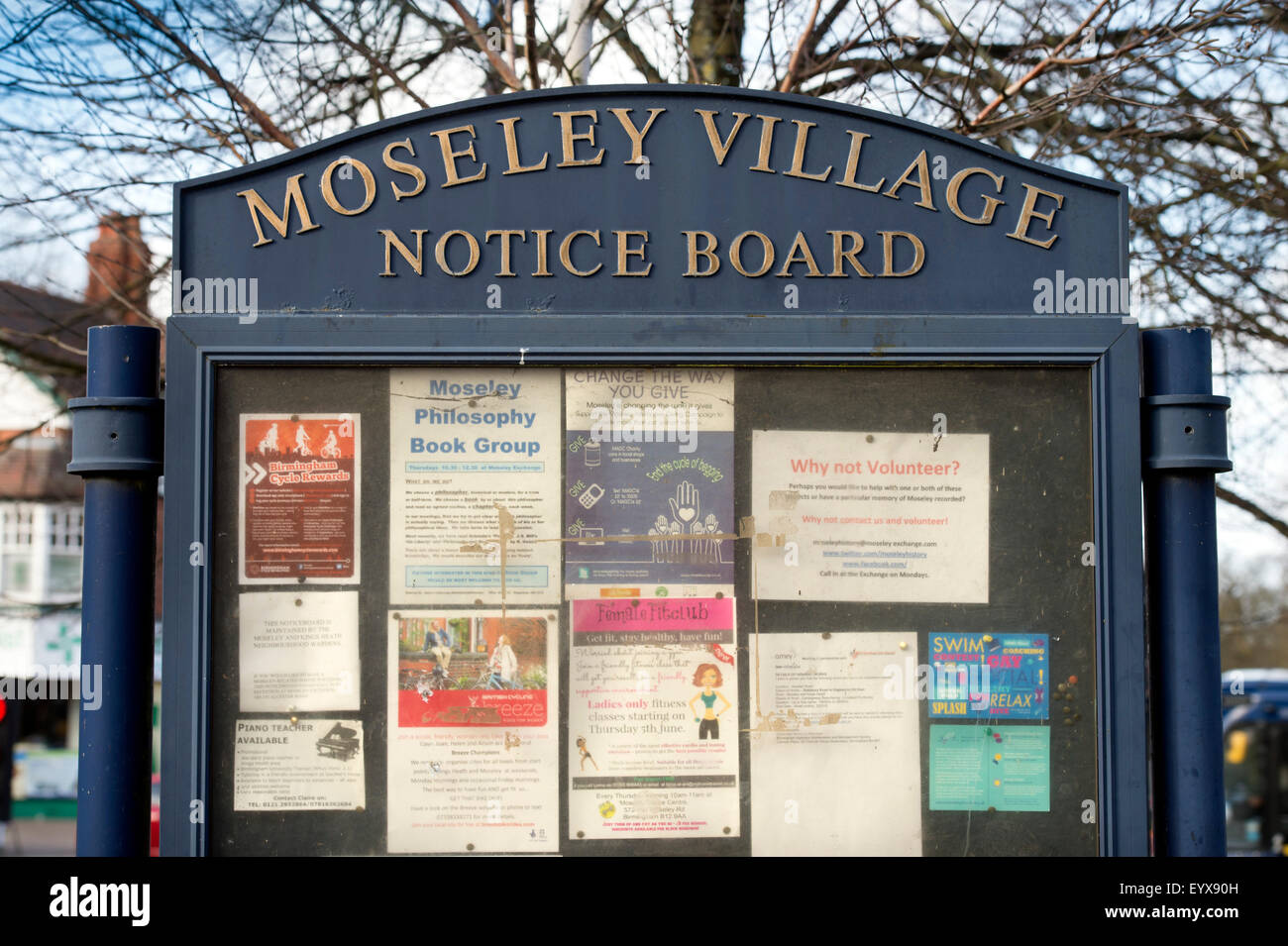 A notice board in Moseley Village which is being featured in the urban section of ‘Best Places to Live’, Birmingham UK Stock Photo