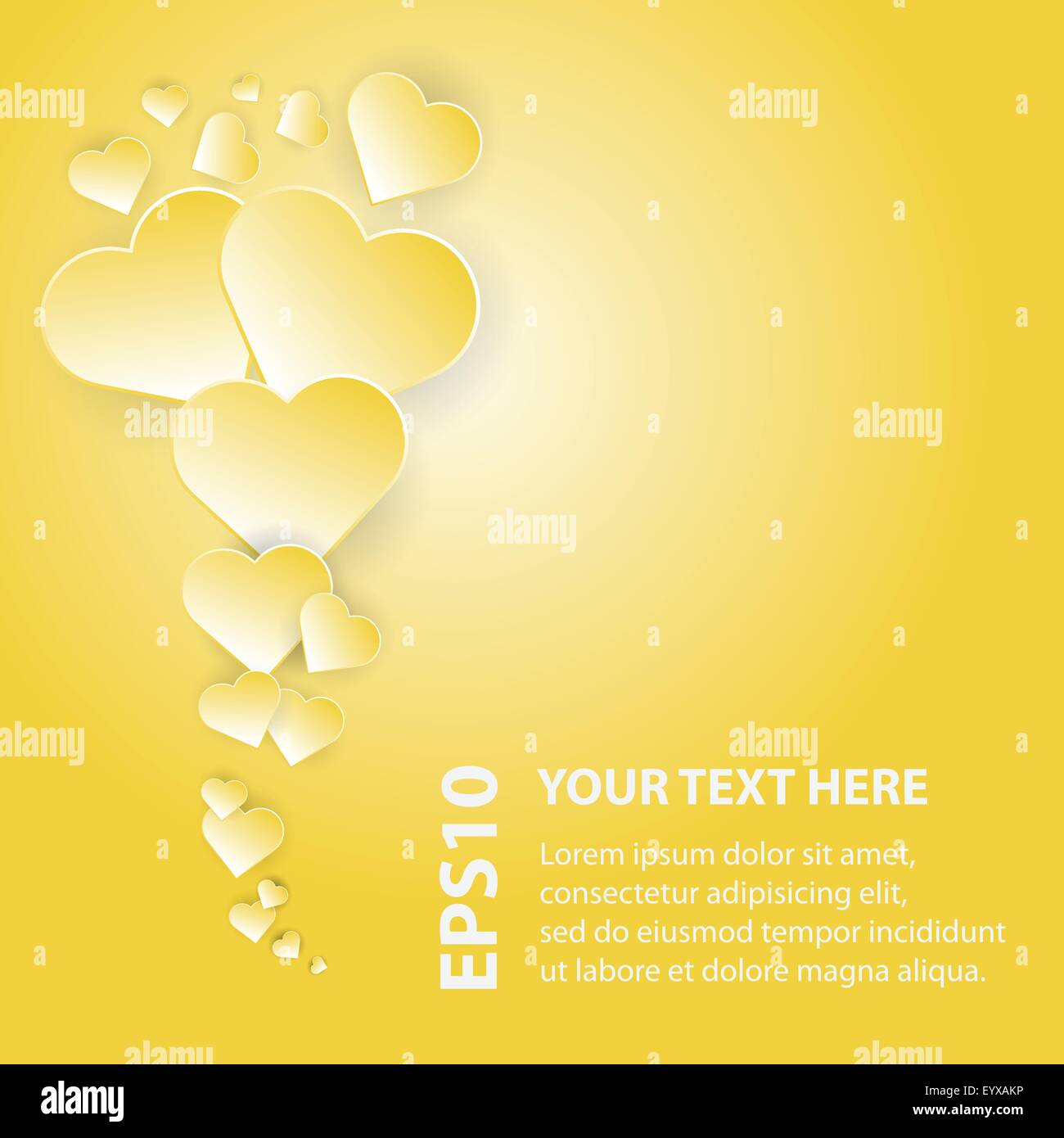 Abstract yellow hearts on bright background template vector illustration with place for text. Stock Vector