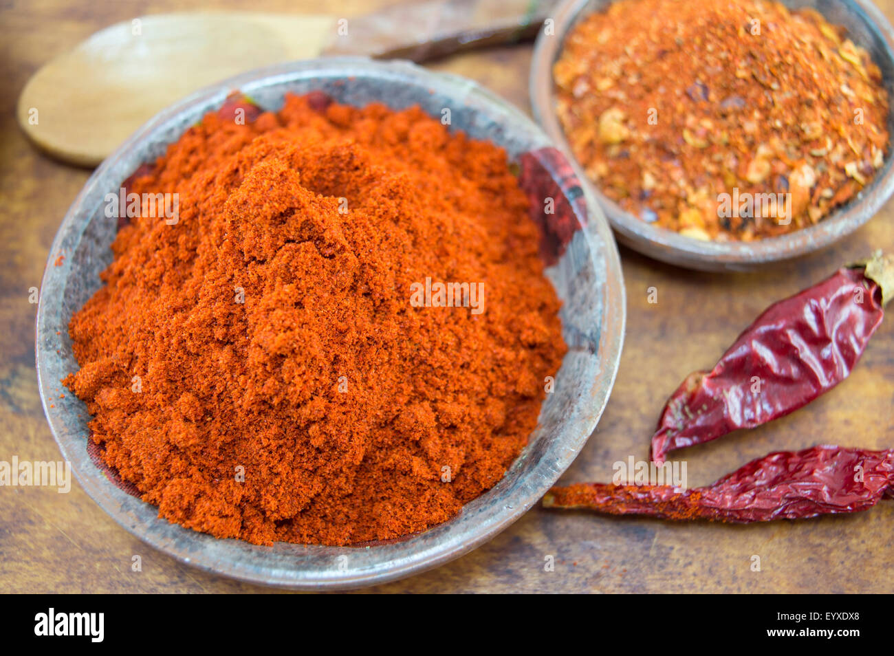Different form of paprika. Dried grounded, chopped and whole peppers in