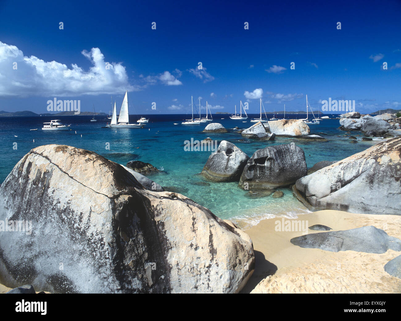 North America, Caribbean, British Virgin Islands, Virgin Gorda, boats anchored at The Baths Stock Photo