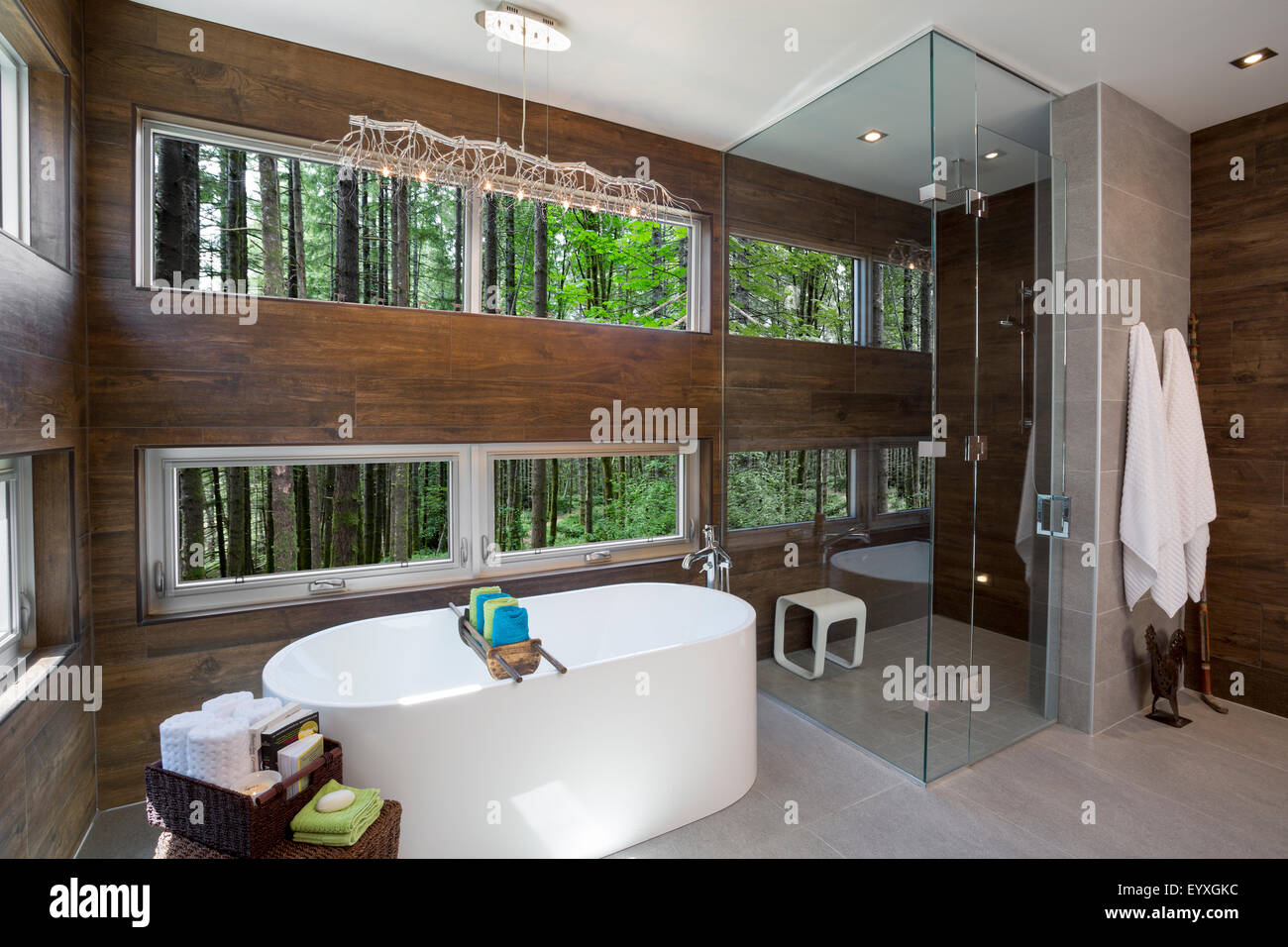 modern bathroom with view to forest Stock Photo Alamy