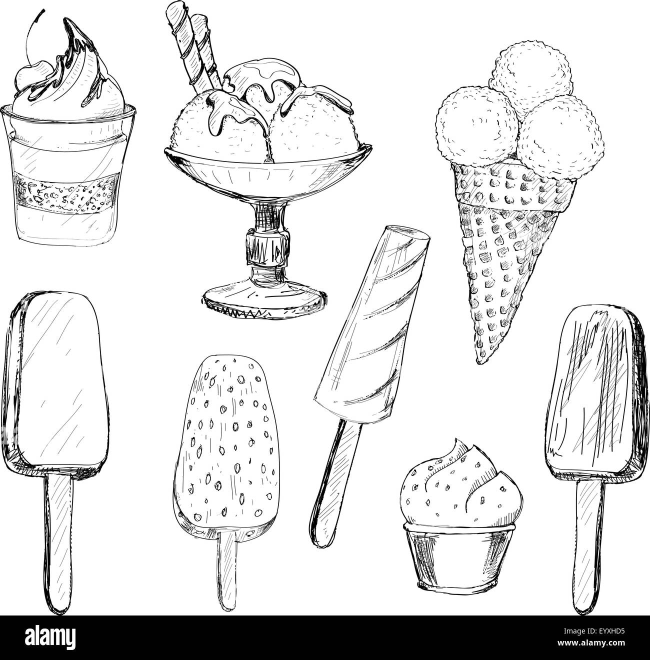 Ice cream. Set of graphic hand drawn illustrations Stock Vector