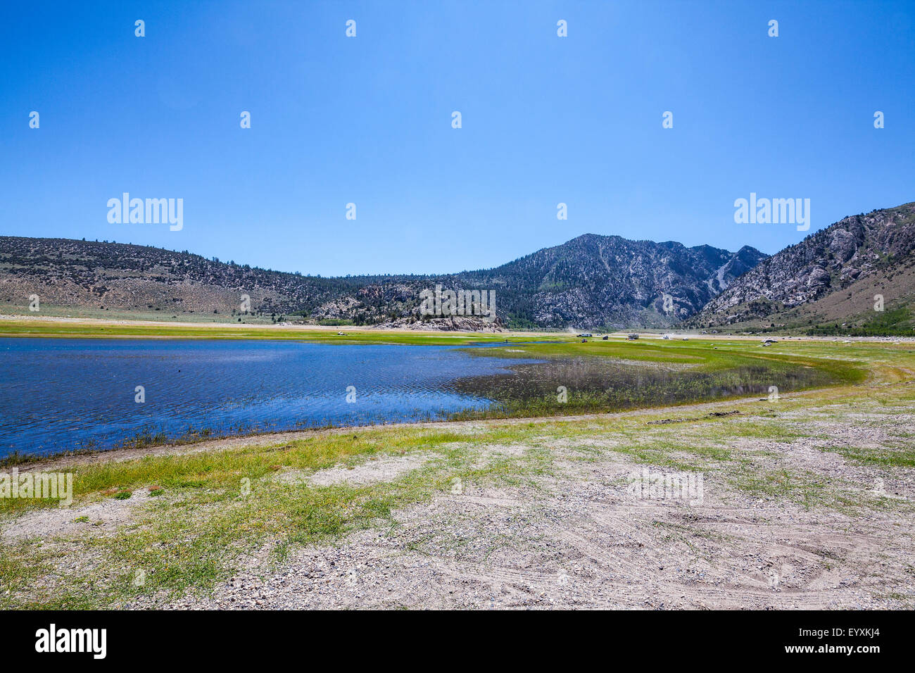 Extremely low water levels at Grant Lake in the June Lake loop California due to the drought Stock Photo