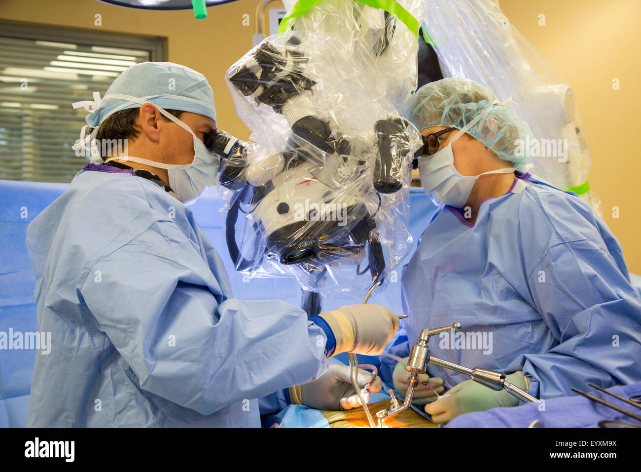 Englewood, Colorado - Dr. Paul Elliott (left) performs microscopic spine  surgery on a patient at Swedish Medical Center Stock Photo - Alamy