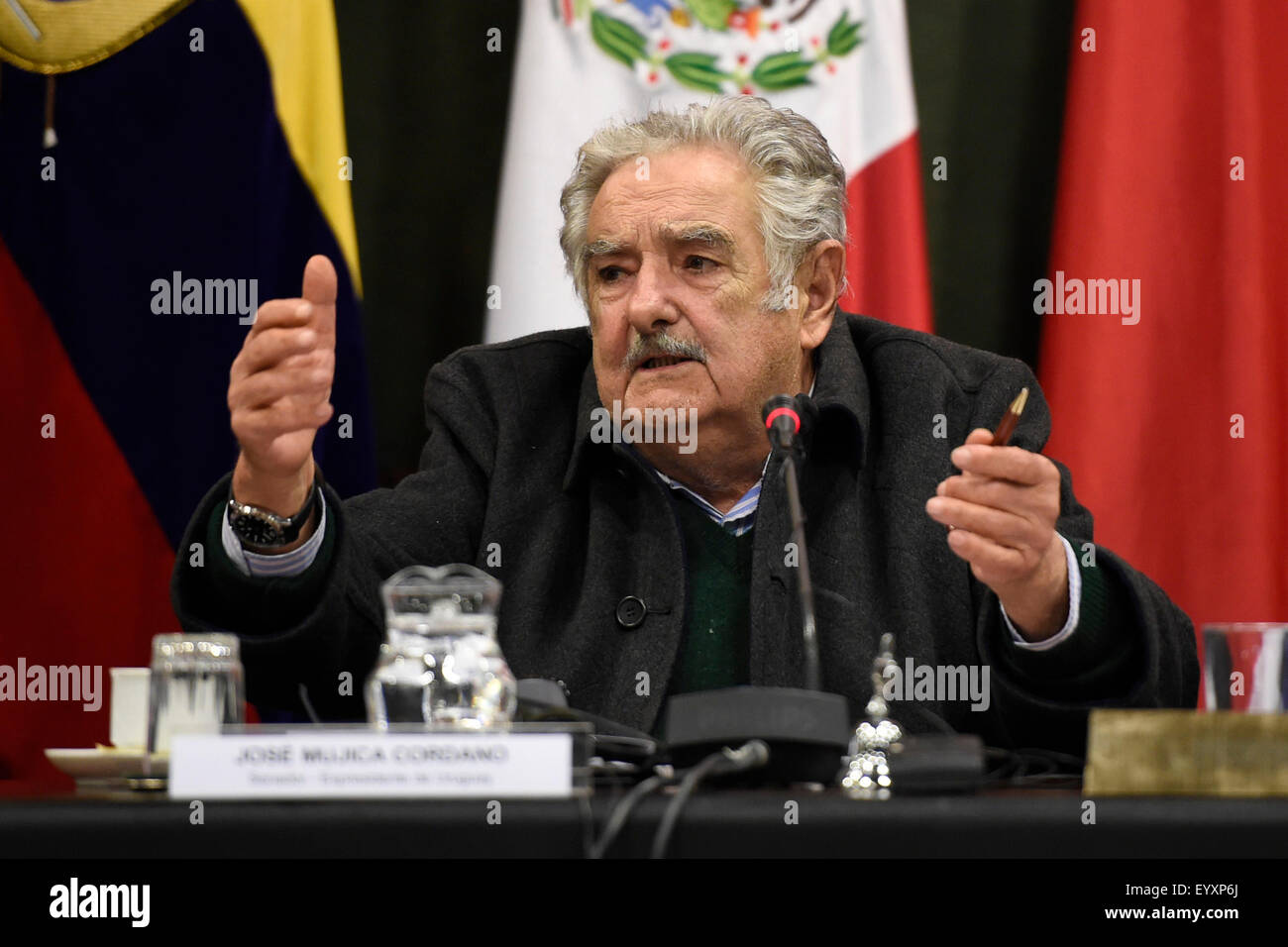 Montevideo, Uruguay. 4th Aug, 2015. Senator and former President of Uruguay Jose Mujica delivers a speech during the conference 'The integration prospects viewed from Brazil and Uruguay', in the seat of the Latin American Integration Association (ALADI), in Montevideo, capital of Uruguay, on Aug. 4, 2015. Credit:  Nicolas Celaya/Xinhua/Alamy Live News Stock Photo