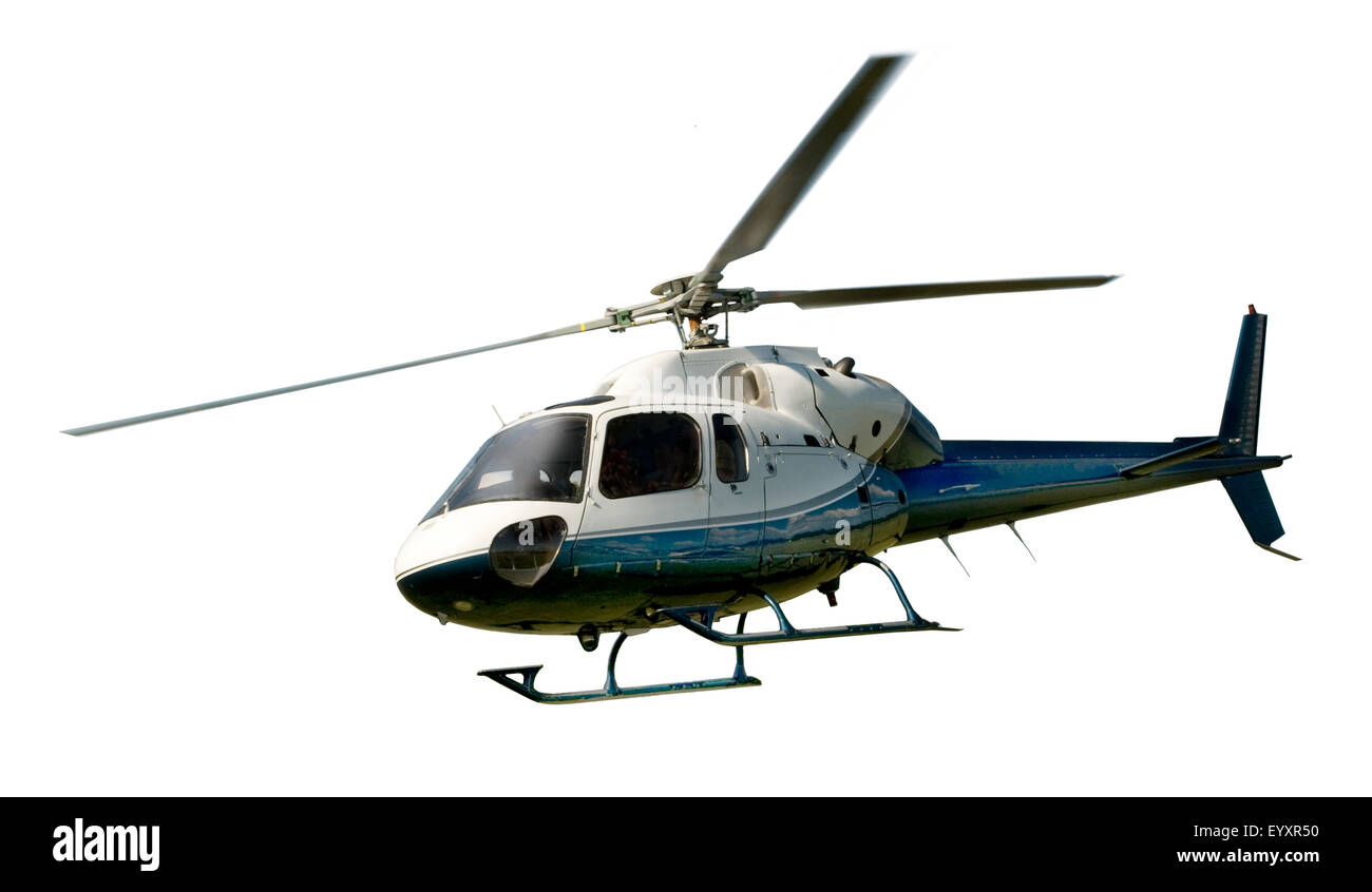 Blue and white helicopter in flight isolated against white background Stock Photo