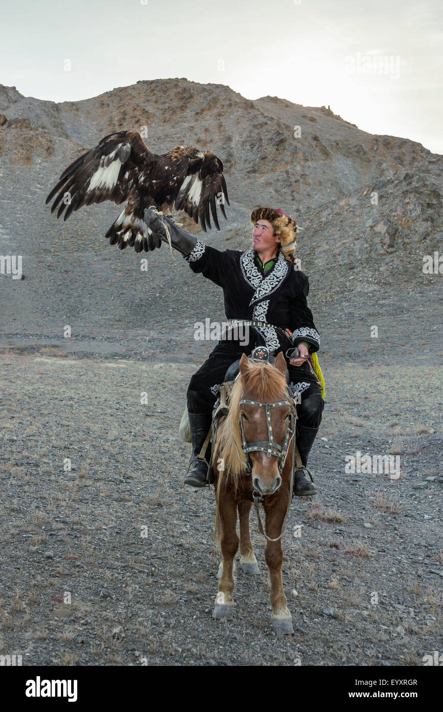 Kazakh eagle hunter with his un-hooded golden eagle held high #5, on the steppes of Western Mongolia, west of Olgii Stock Photo