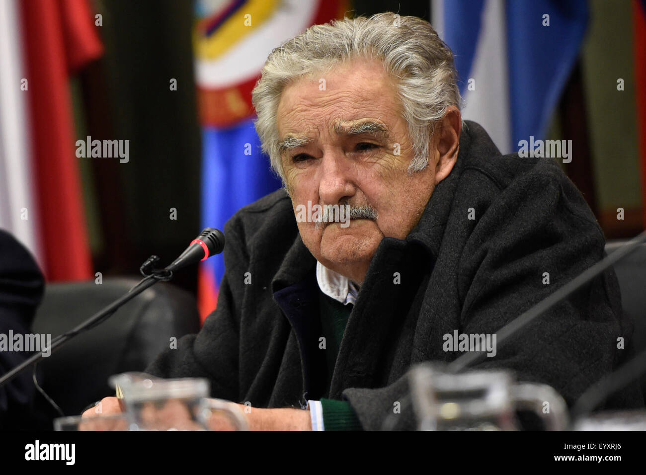 Montevideo, Uruguay. 4th Aug, 2015. Senator and former President of Uruguay Jose Mujica takes part in the conference 'The integration prospects viewed from Brazil and Uruguay', in the seat of the Latin American Integration Association (ALADI), in Montevideo, capital of Uruguay, on August 4, 2015. Credit:  Nicolas Celaya/Xinhua/Alamy Live News Stock Photo