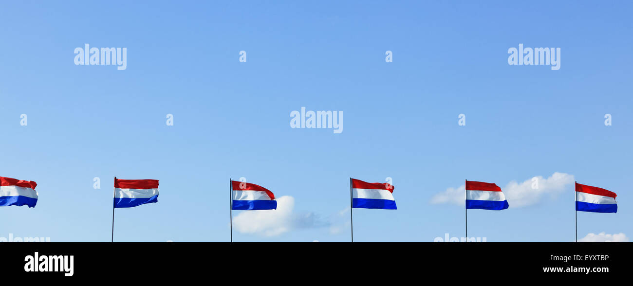 A row of red white and blue vertically striped flags wave in the wind with a blue sky background