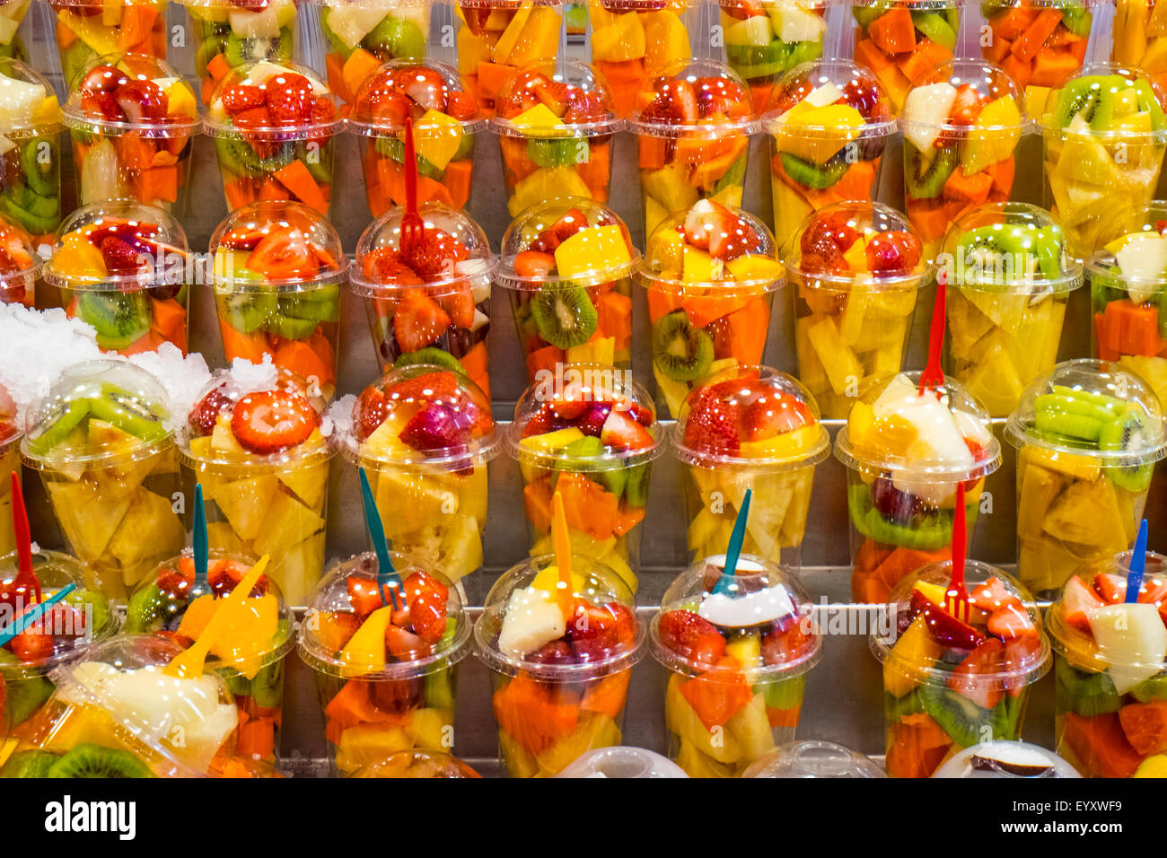 Fruit salads for sale at the Boqueria in Barcelona Stock Photo