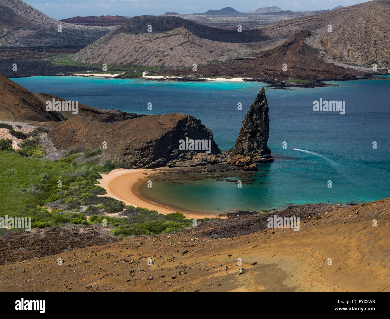 View of Pinnacle Rock and surrounding bays from Bartolome Island in the Galapagos Archipelago Stock Photo