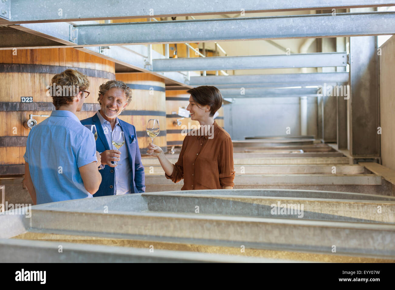 Friends barrel tasting wine in winery cellar Stock Photo - Alamy