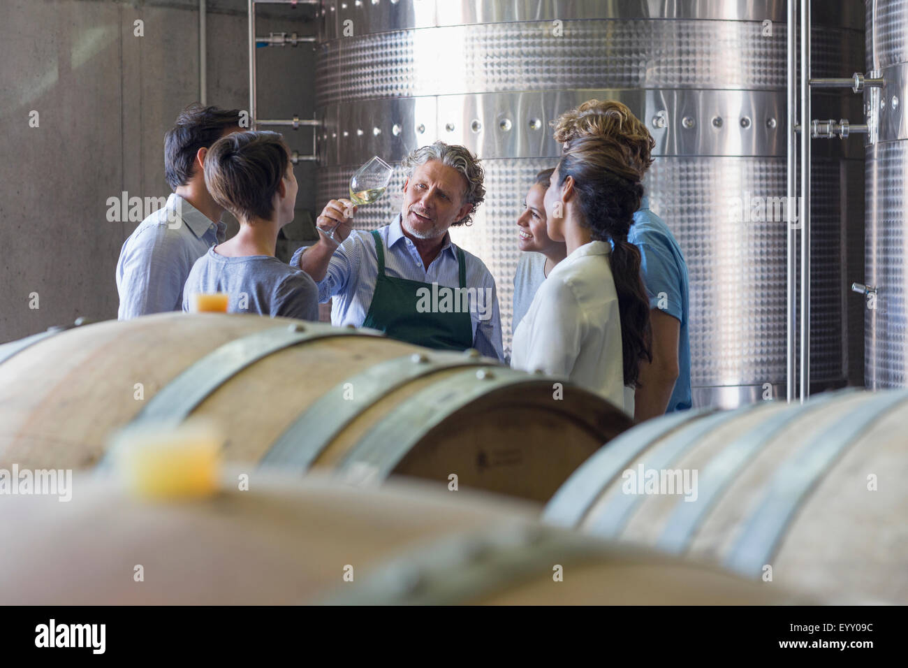 Vintner and winery employees examining wine in cellar Stock Photo