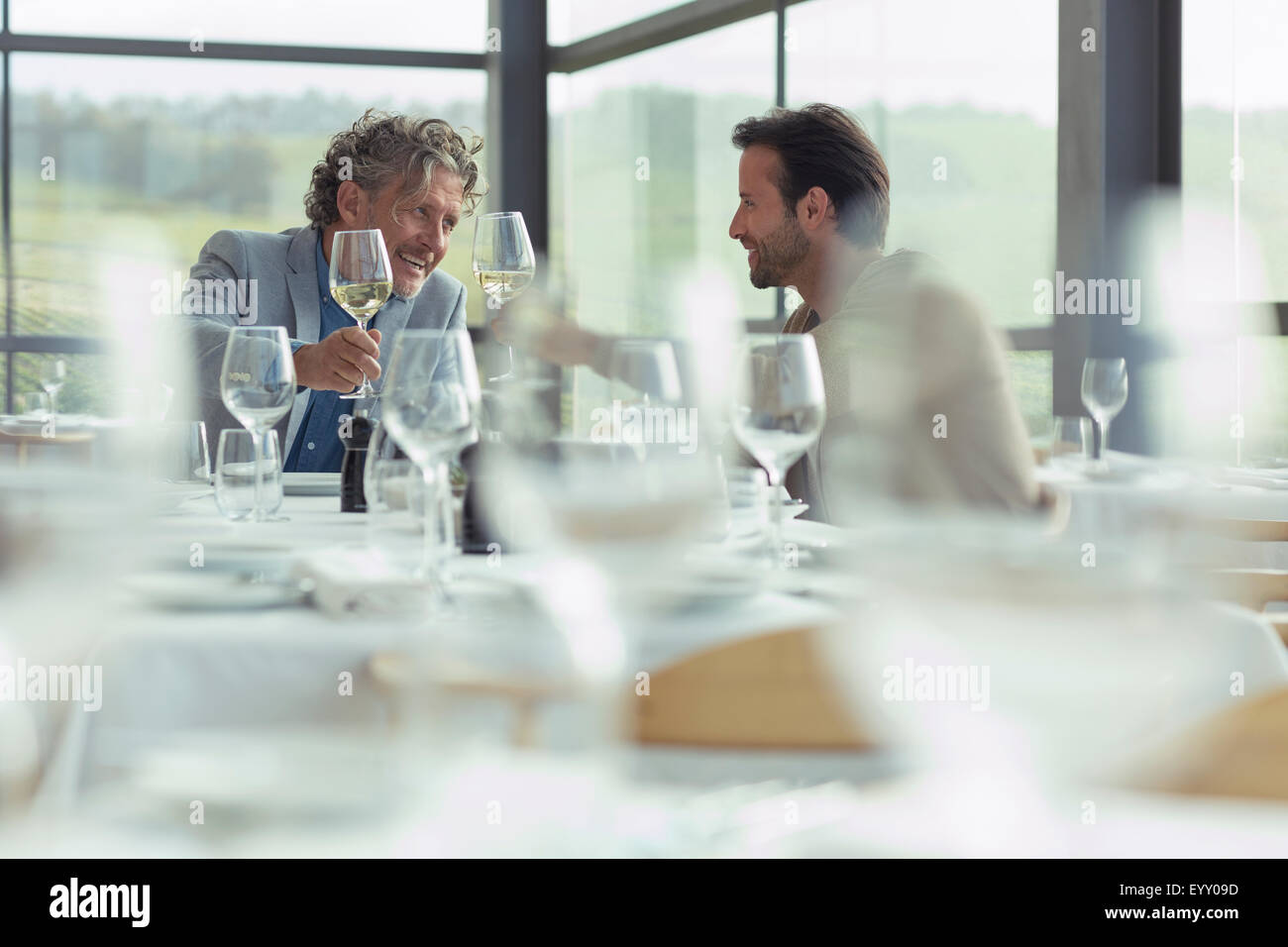 Men toasting wine glasses at restaurant table Stock Photo