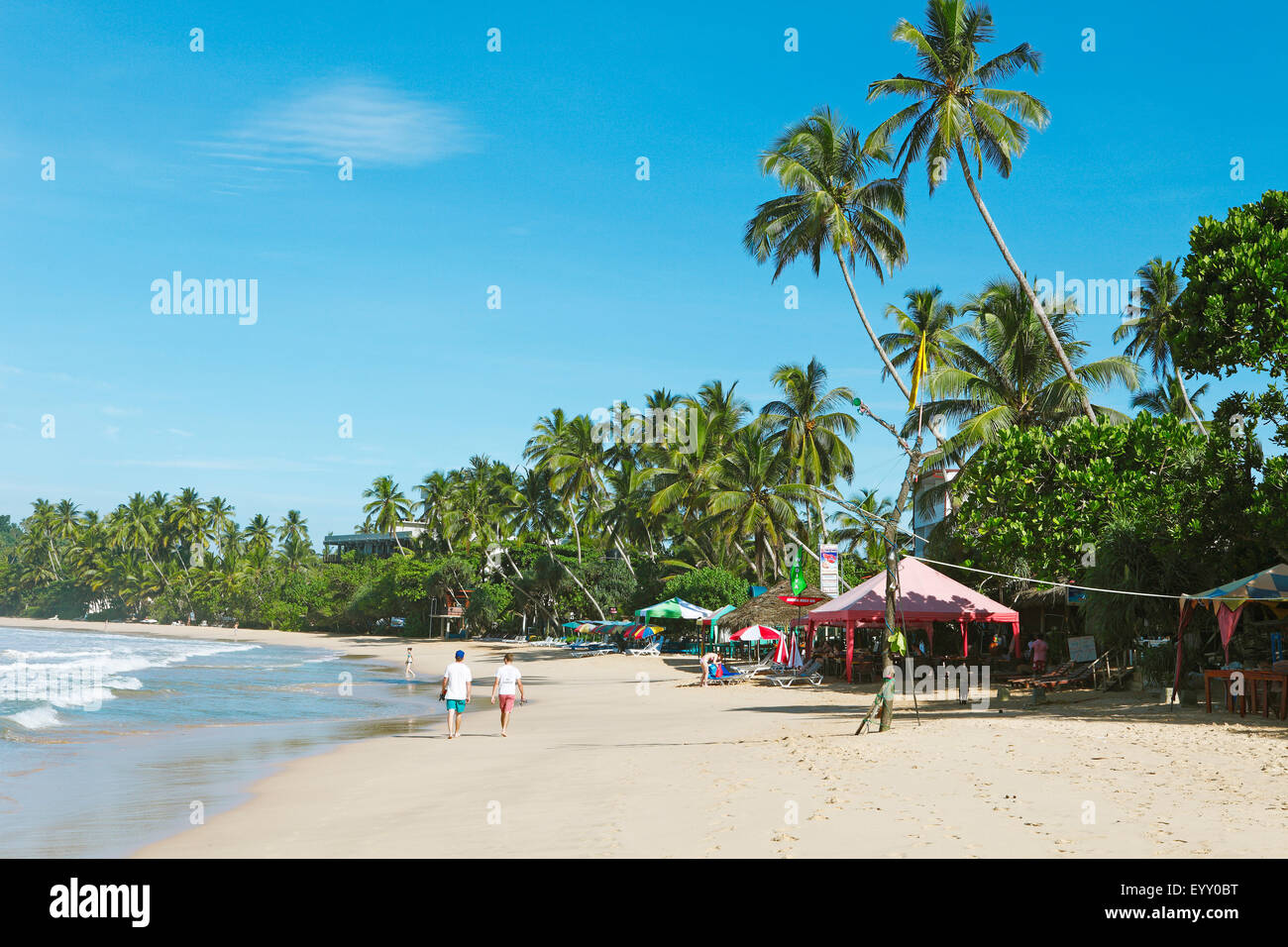 Beach, with palm trees and beach restaurants, Mirissa, Southern Province, Indian Ocean, Ceylon, Sri Lanka Stock Photo
