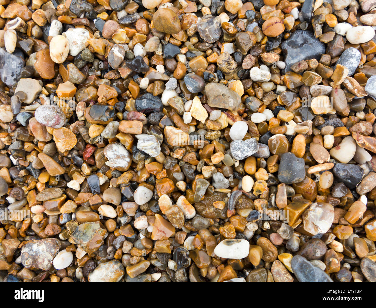 Close up, flat on area of flint gravel on beach Stock Photo