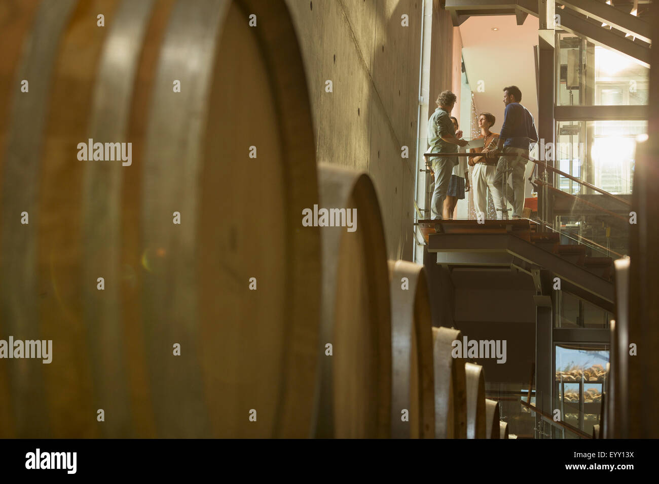 Vintners talking on platform in winery cellar Stock Photo