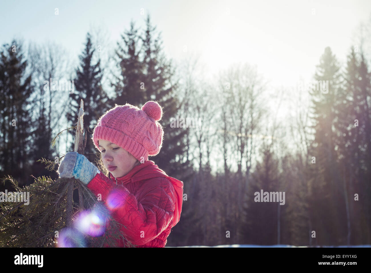Caucasian girl holding tree branches in snowy field Stock Photo