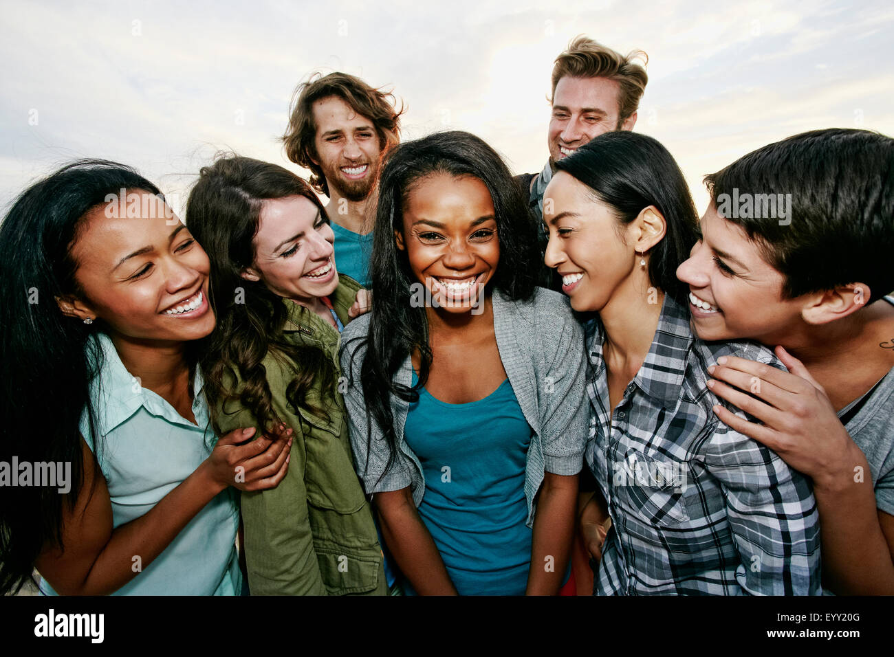 Close up of friends laughing outdoors Stock Photo