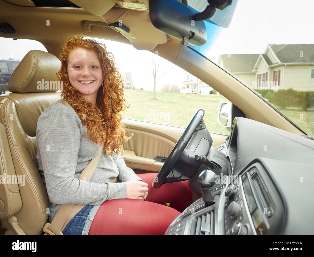 Caucasian teenage girl driving car Stock Photo Alamy