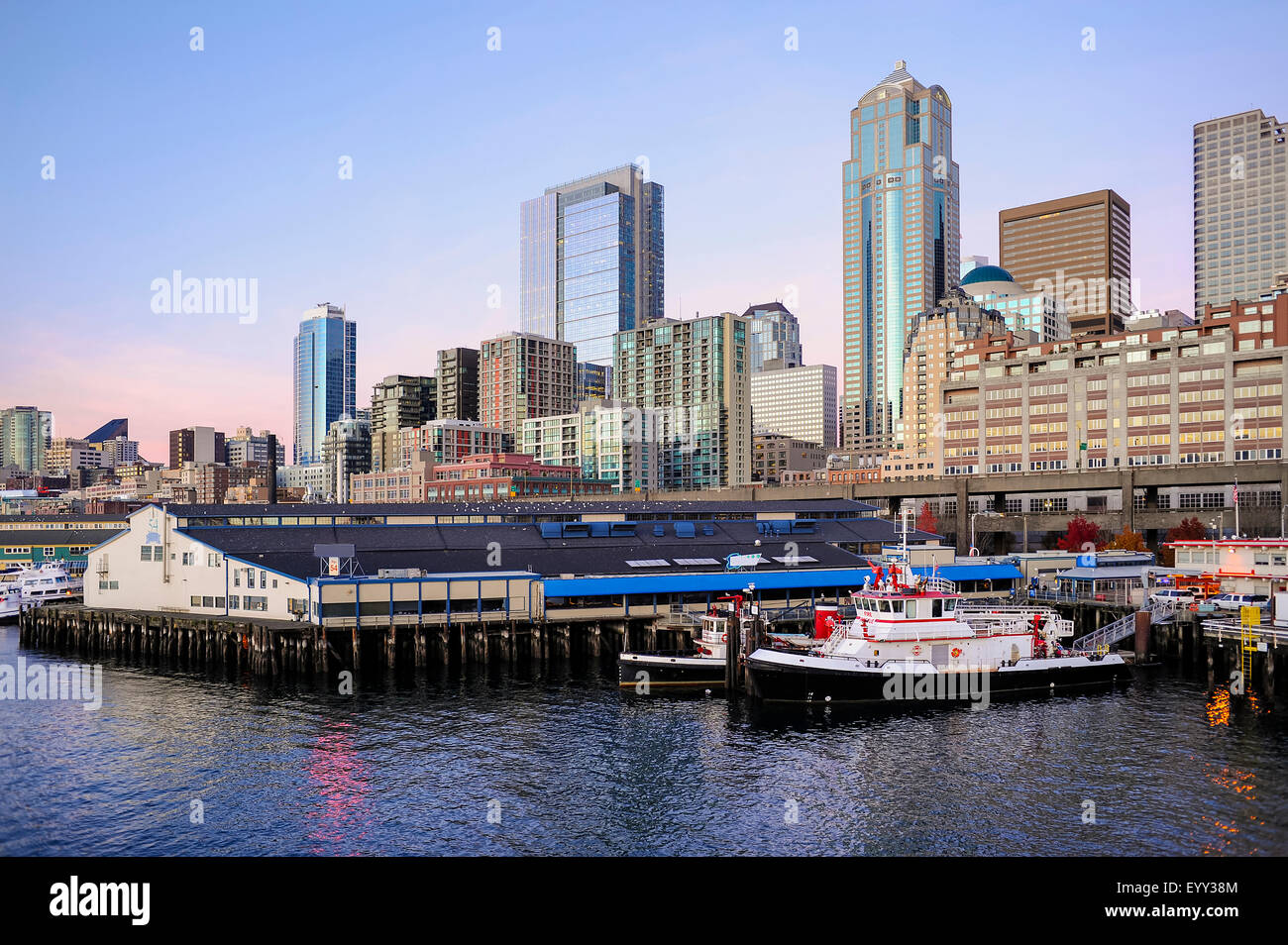 Highrise buildings in Seattle cityscape on waterfront, Washington, United States Stock Photo