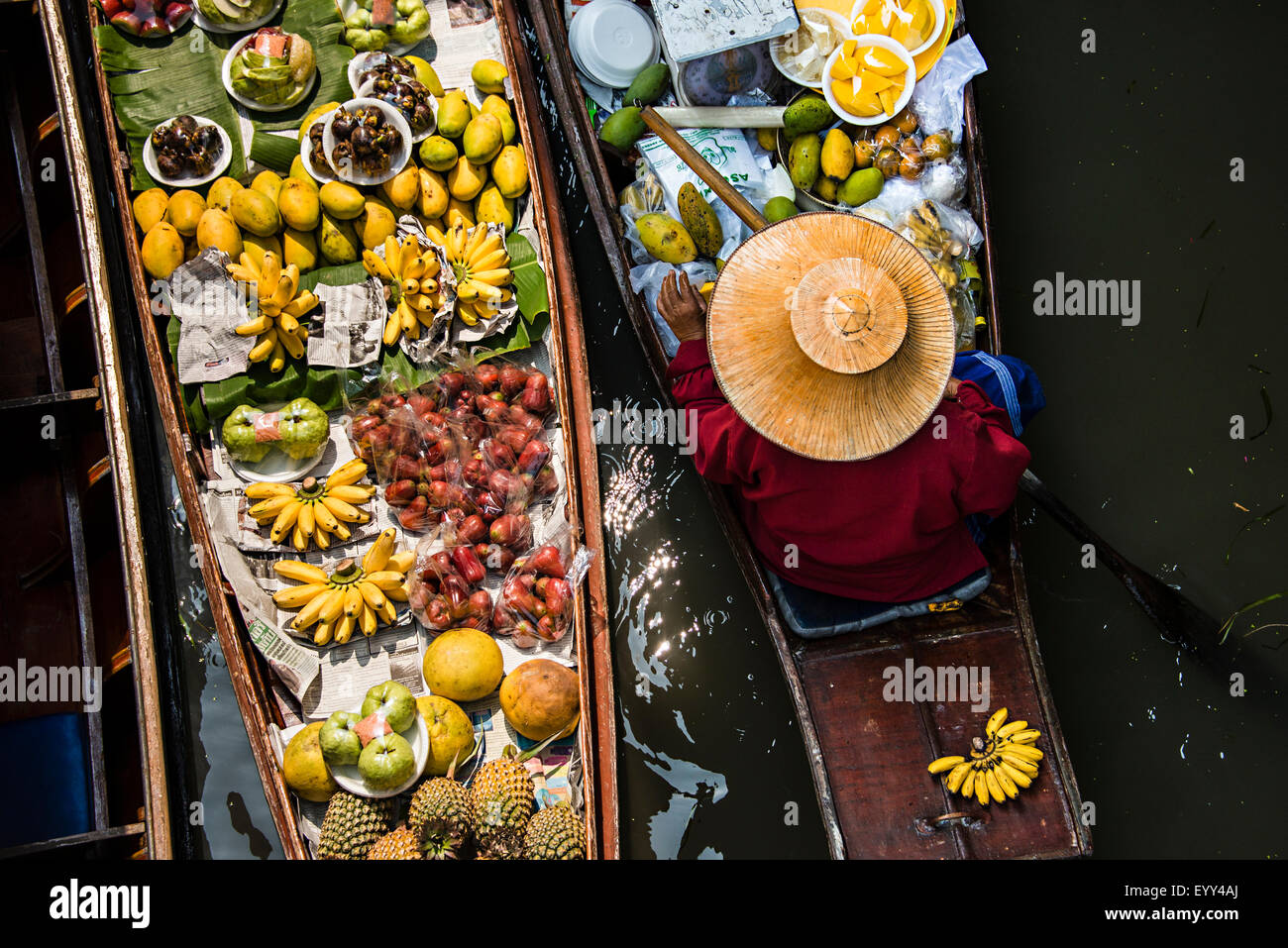 High angle view of merchant selling fruit in canoe Stock Photo