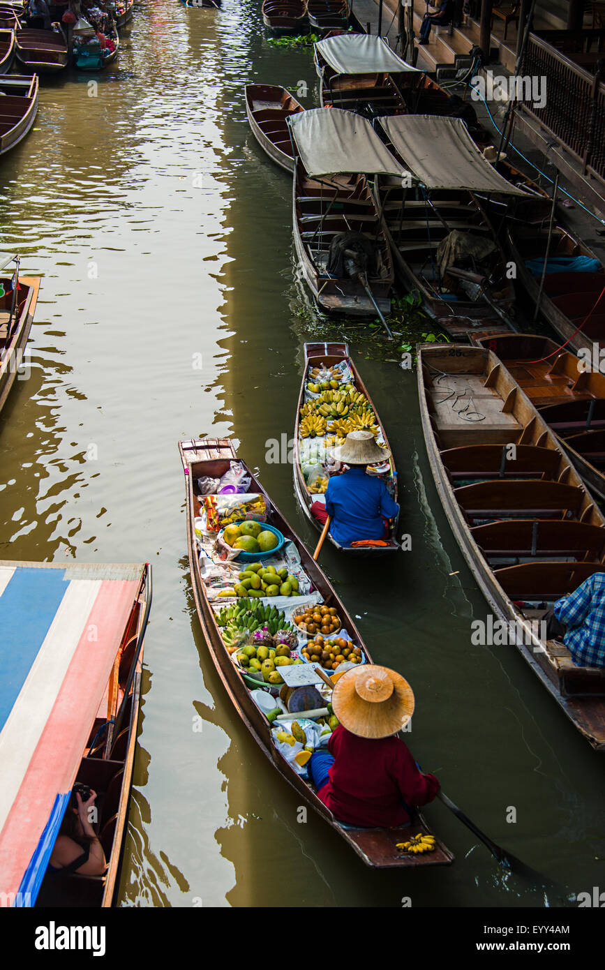 High angle view of merchants selling fruit in canoes Stock Photo