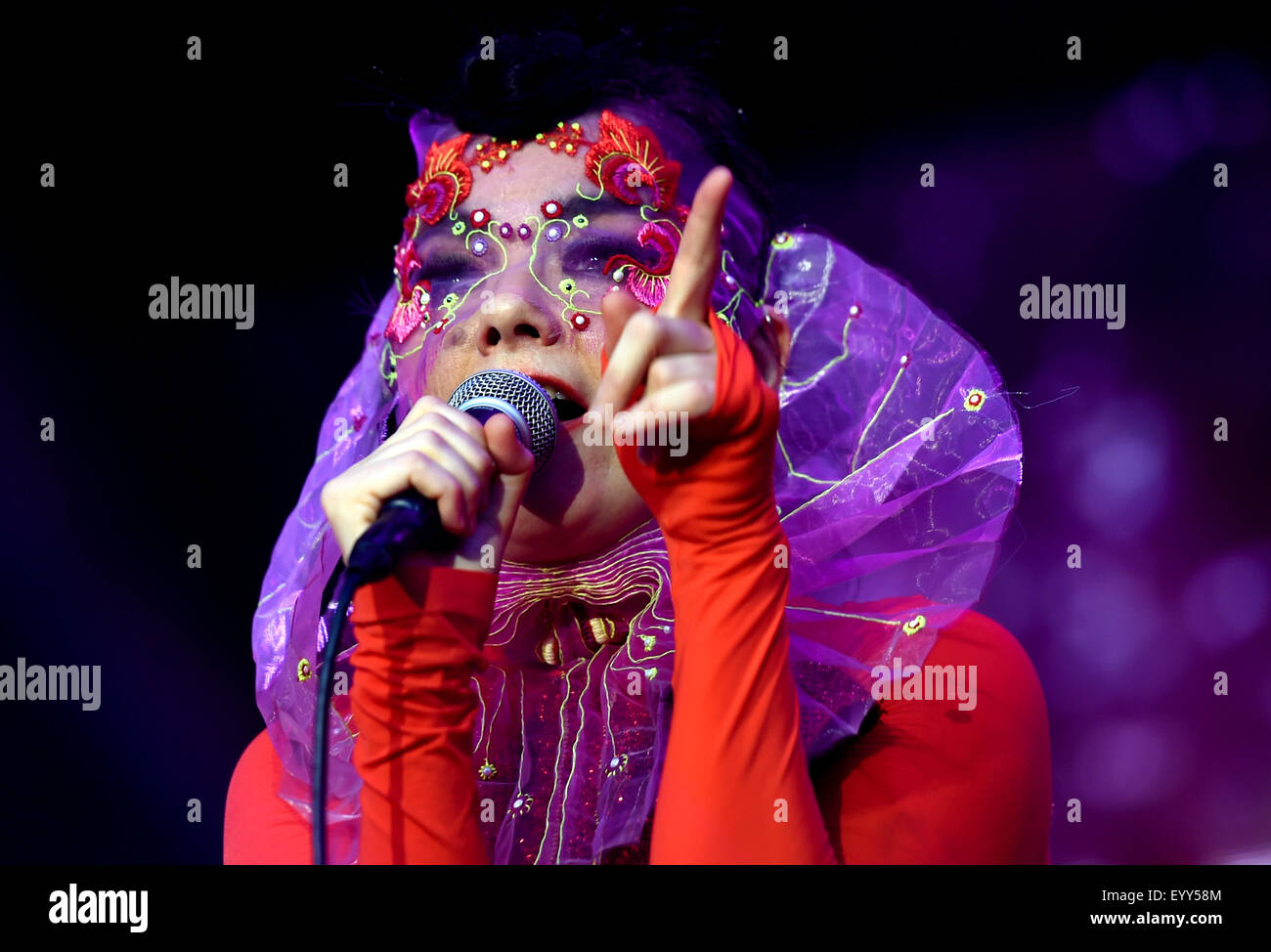Berlin, Germany. 02nd Aug, 2015. dpa EXCLUSIVE - Icelandic musician Björk performs on stage during her sold-out concert at Spandau Citadel, the only one to be held in the country, in Berlin, Germany, 02 August 2015. Photo: Britta Pedersen/dpa/Alamy Live News Stock Photo
