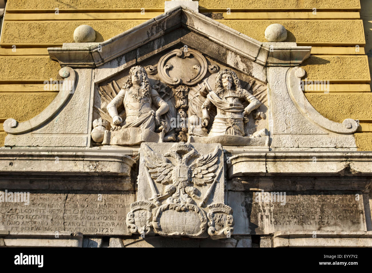 The Korzo, Rijeka, Croatia. The City Tower. It features busts of Hapsburg emperors Leopold I and Charles VI Stock Photo