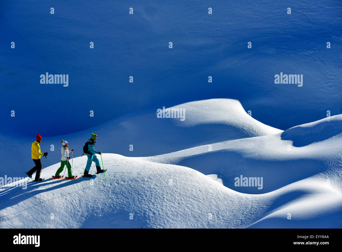 walking with snow shoes, France, Savoie, La Plagne Stock Photo