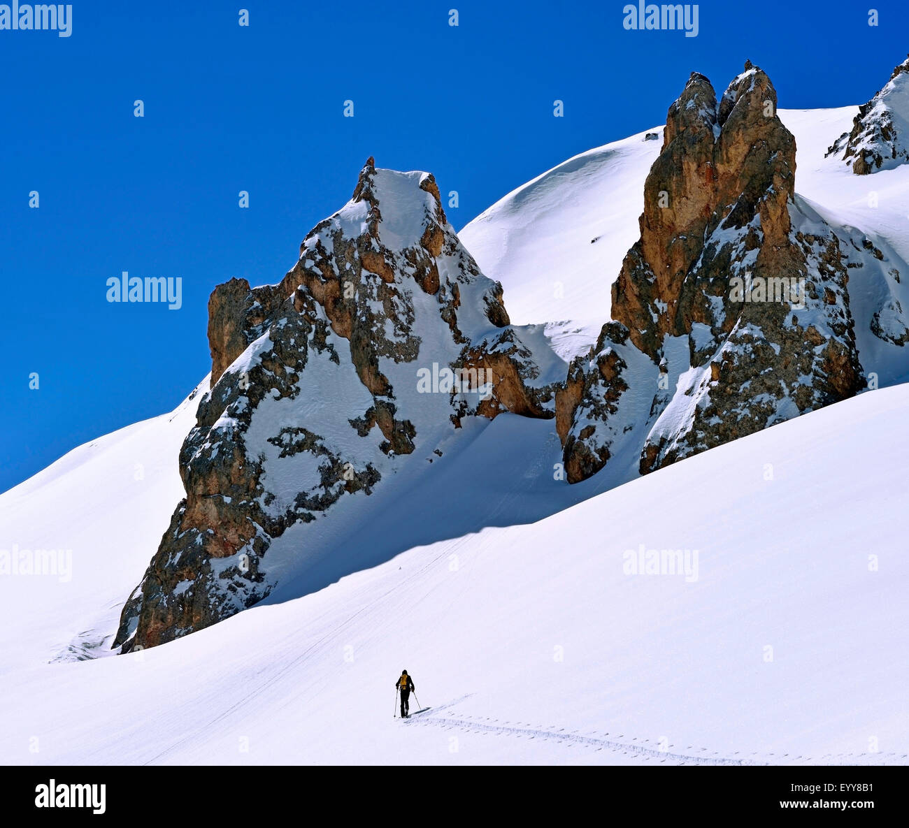 ski touring in snow covered French Alps, France, Savoie, Vanoise National Park, Courchevel Stock Photo