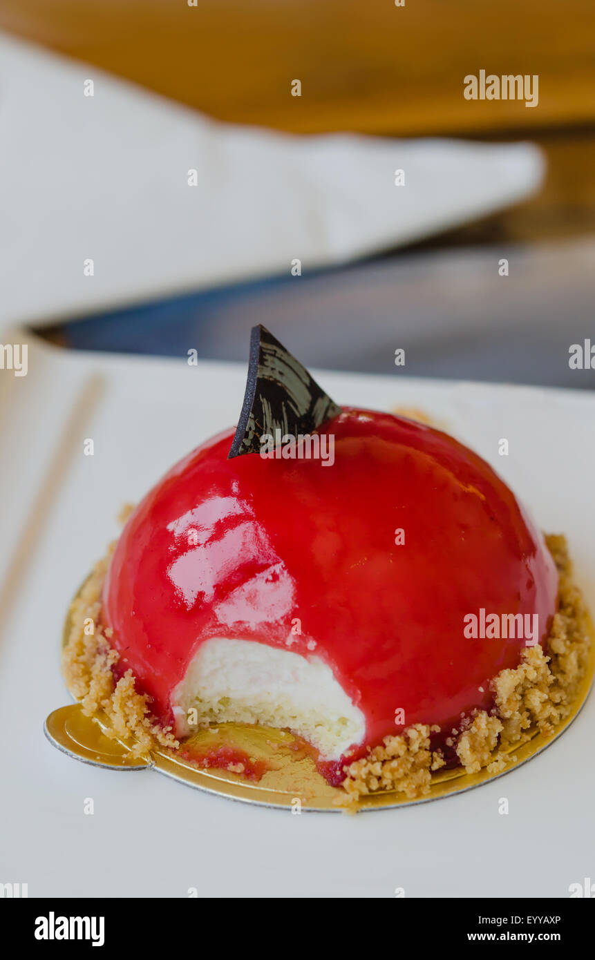 Raspberry yogurt mousse  , sweet red dessert on plate Stock Photo