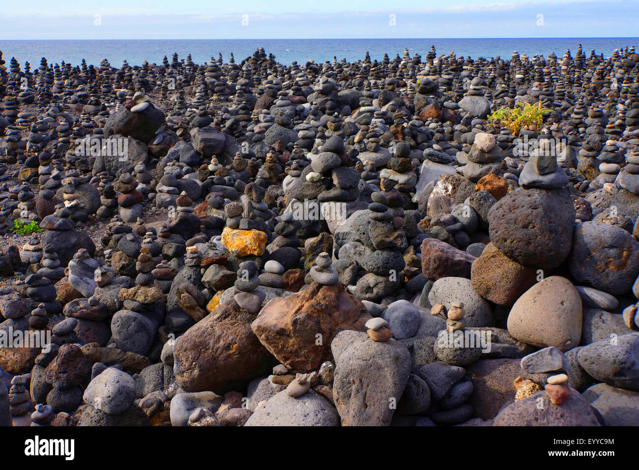 piles of stone at the Playa Jardin, Canary Islands, Tenerife, Puerto De La Cruz Stock Photo