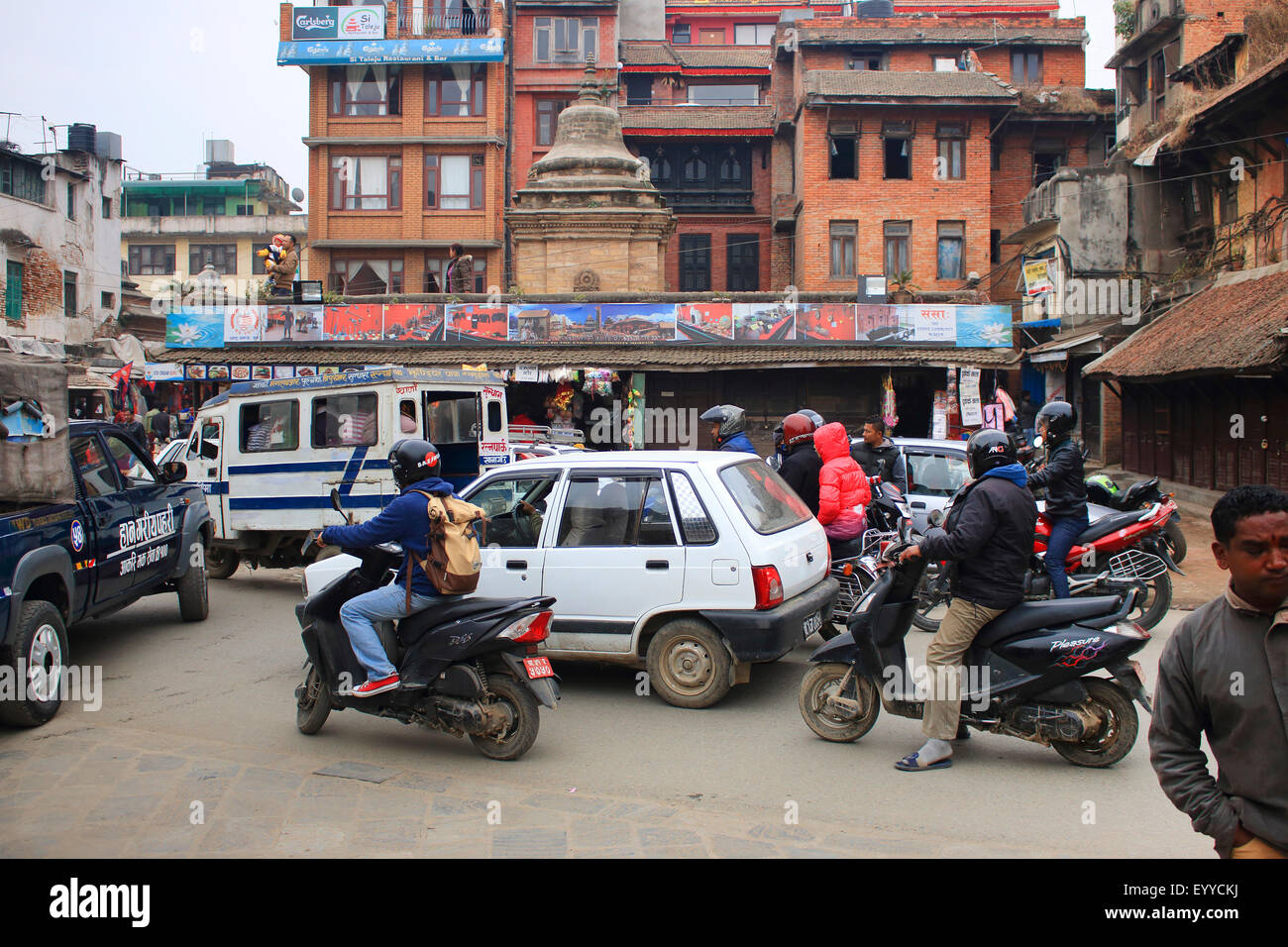 chaotic traffic in the city, Nepal, Kathmandu Stock Photo