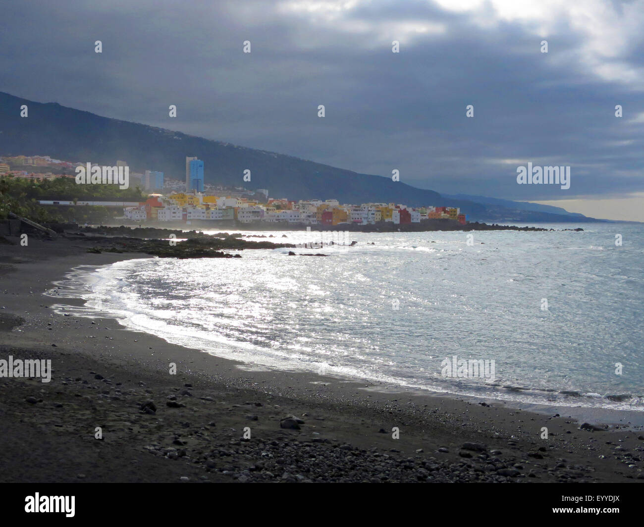 Playa Jardin, Punta Brava in background, Canary Islands, Tenerife, Puerto De La Cruz Stock Photo