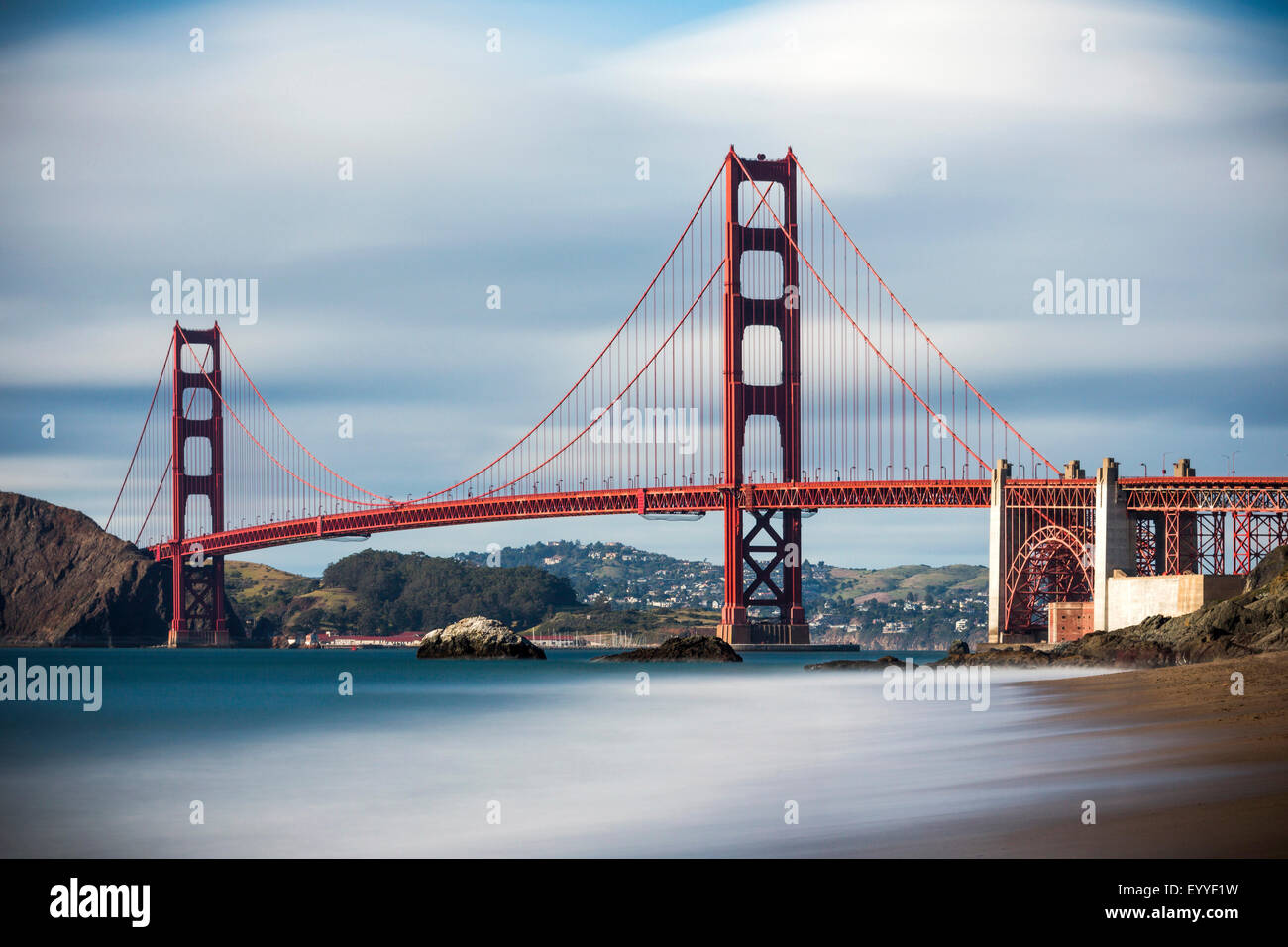Time lapse view of ocean under Golden Gate Bridge, San Francisco, California, United States Stock Photo