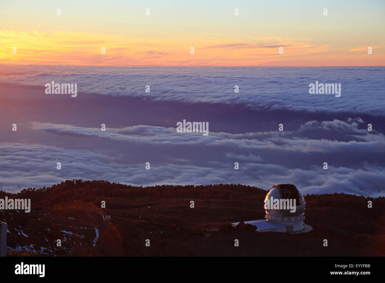 observatory at Roque de los Muchachos after sunset, Canary Islands, La Palma Stock Photo