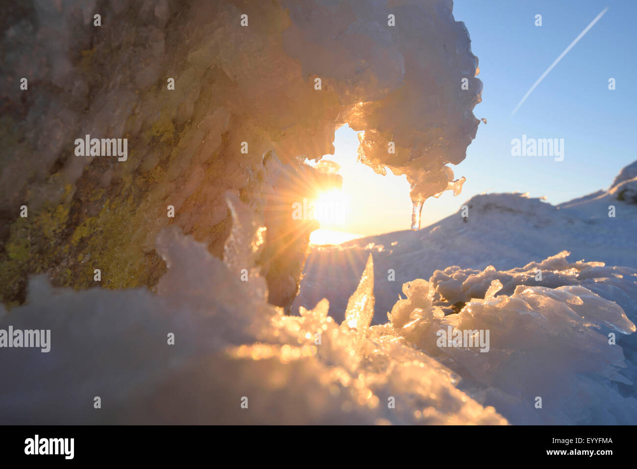 sunrise in an early icy morning in winter, Germany, Bavaria, Bavarian Forest National Park Stock Photo