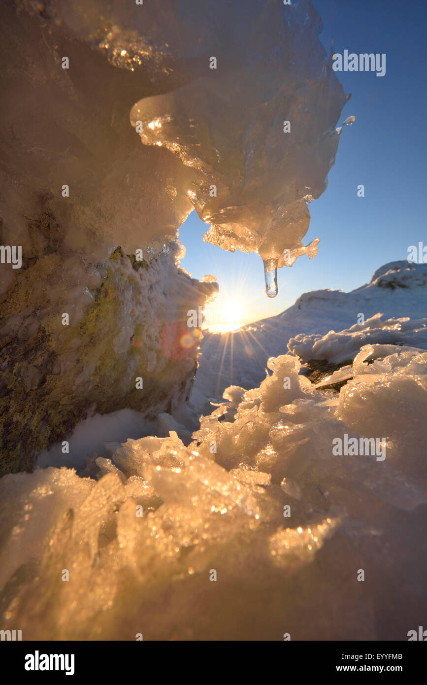 sunrise in an early icy morning in winter, Germany, Bavaria, Bavarian Forest National Park Stock Photo