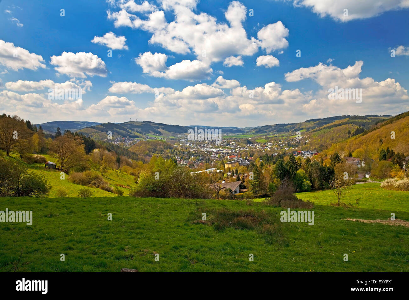 view to low mountain scenery of Plettenberg in spring, Germany, North Rhine-Westphalia, Sauerland, Plettenberg Stock Photo