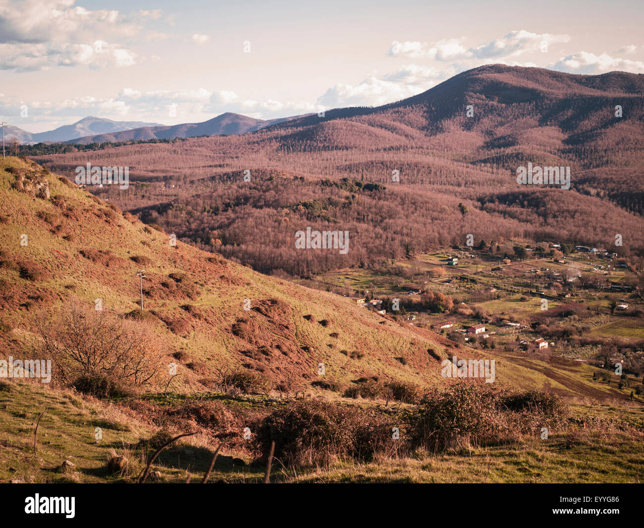 Fields and mountains in rural landscape Stock Photo
