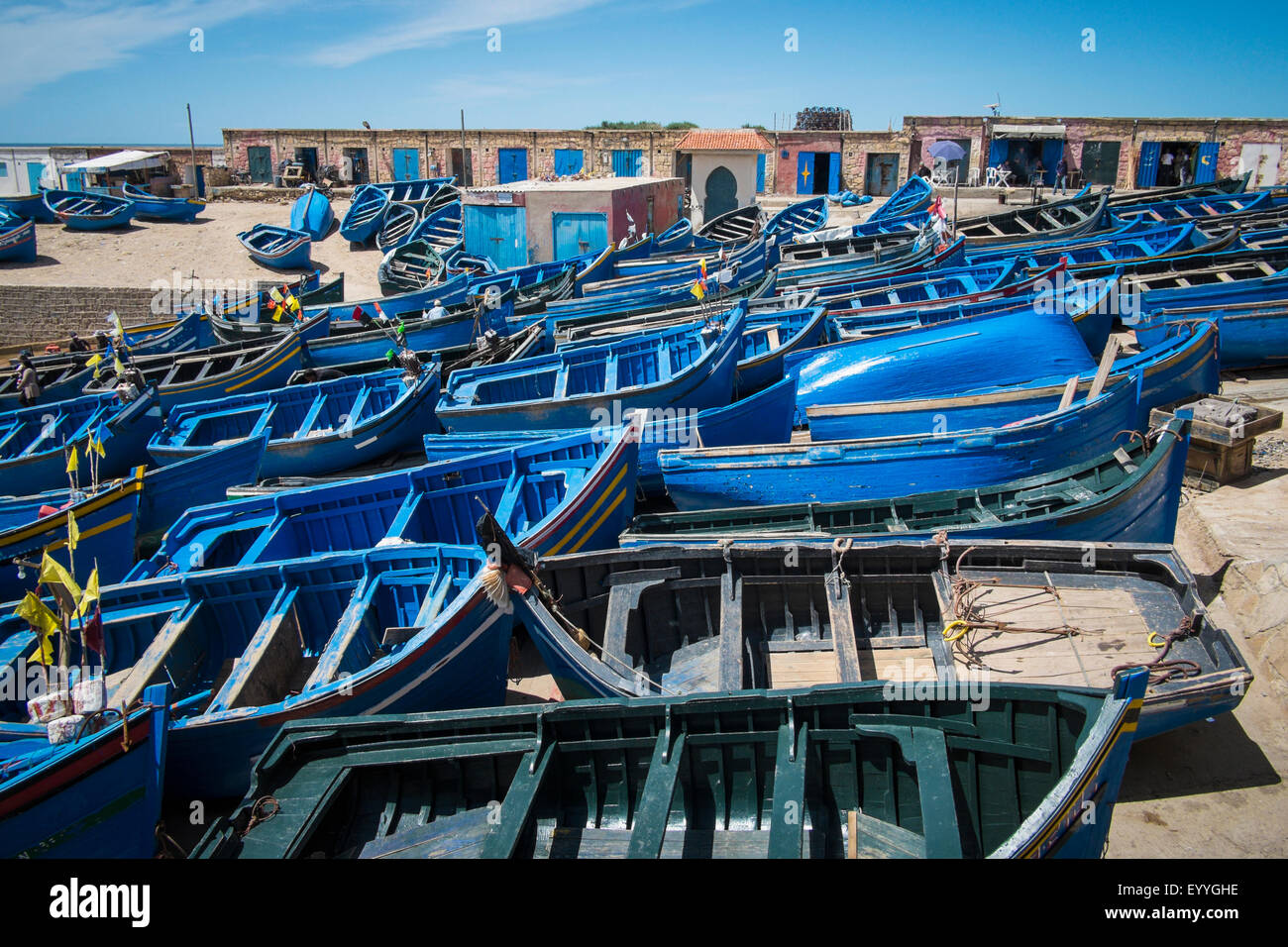 Large group of blue rowboats Stock Photo