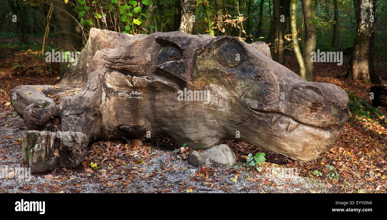 crocodile carved out of a single trunk waysides, Germany, North Rhine-Westphalia, Externsteine, Horn-Bad Meinberg Stock Photo