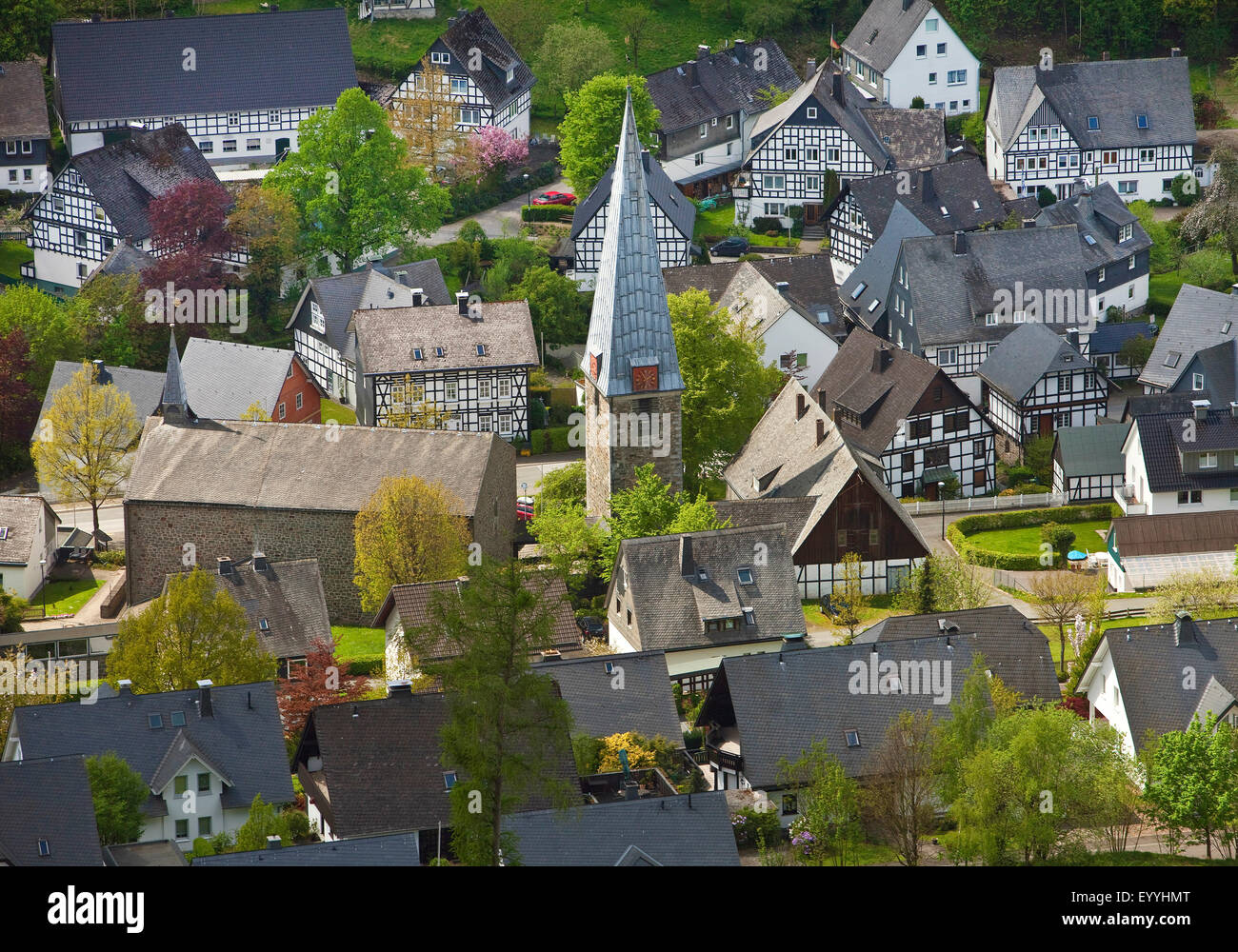 aerial view to St Cyriakus Church, Bruchhausen, Germany, North Rhine-Westphalia, Sauerland, Olsberg Stock Photo
