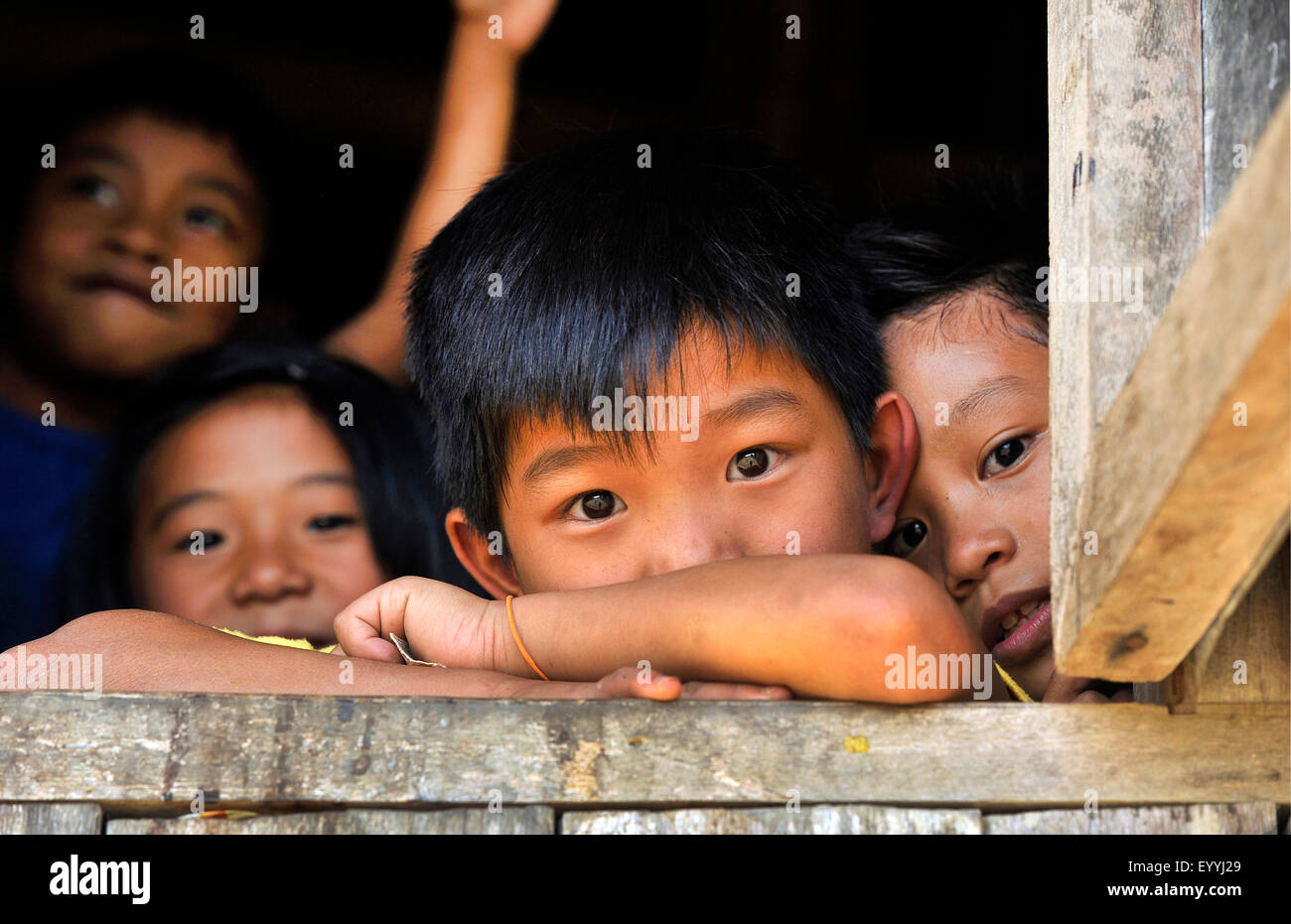 boy of the Ifugao people looking out of a window, Philippines, Luzon, Patpat Stock Photo