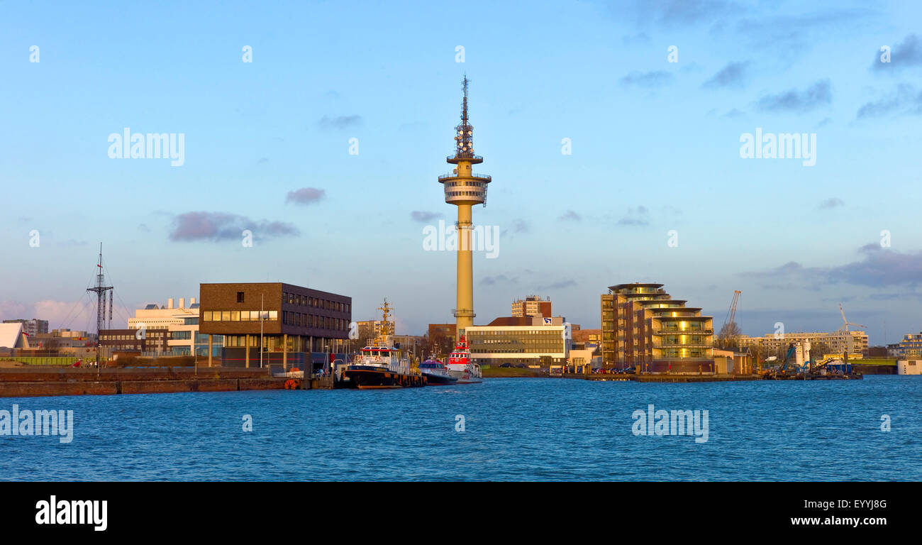 Geestemole north with radar tower and anchorage for towboats, Germany, Bremerhaven Stock Photo