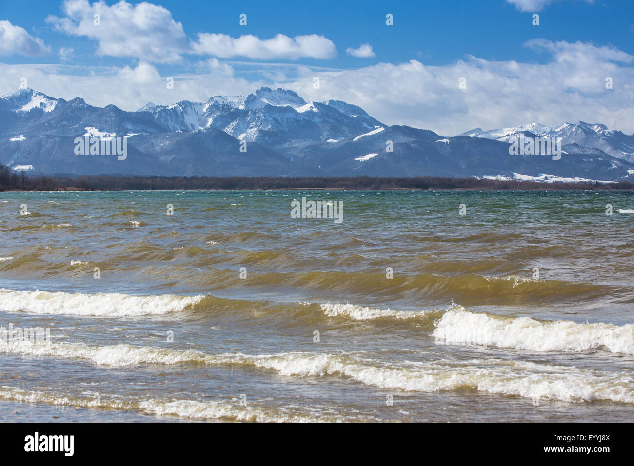 foehn, storm in the northern Alps arriving from the south, across Lake Chiemsee, the Alps in background, Germany, Bavaria, Lake Chiemsee Stock Photo