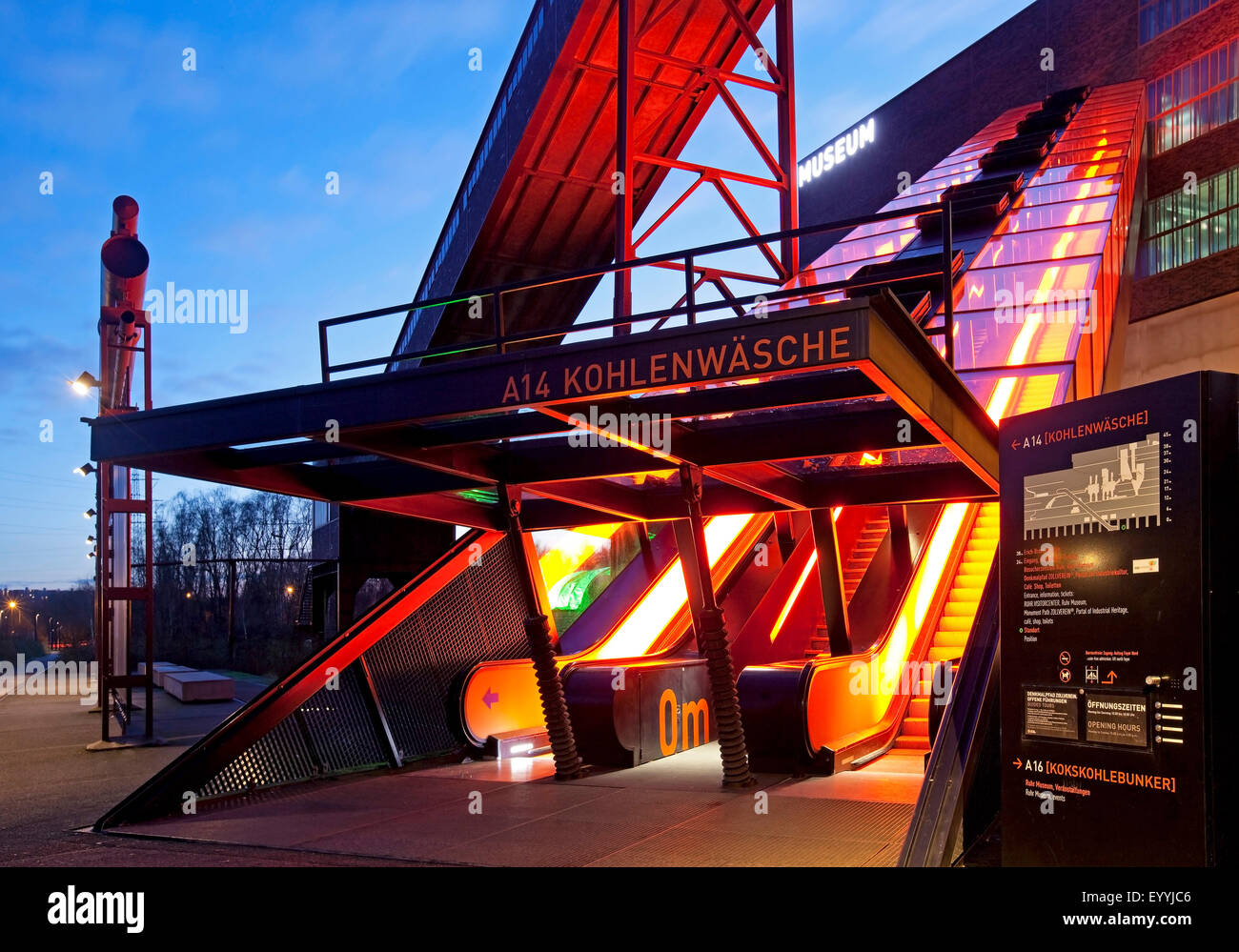 illuminated gangway to Ruhr Museum, Zollverein, Germany, North Rhine-Westphalia, Ruhr Area, Essen Stock Photo