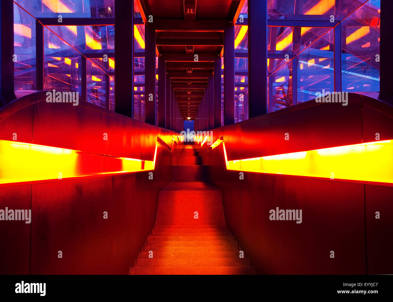 illuminated gangway to Ruhr Museum, Zollverein, Germany, North Rhine-Westphalia, Ruhr Area, Essen Stock Photo