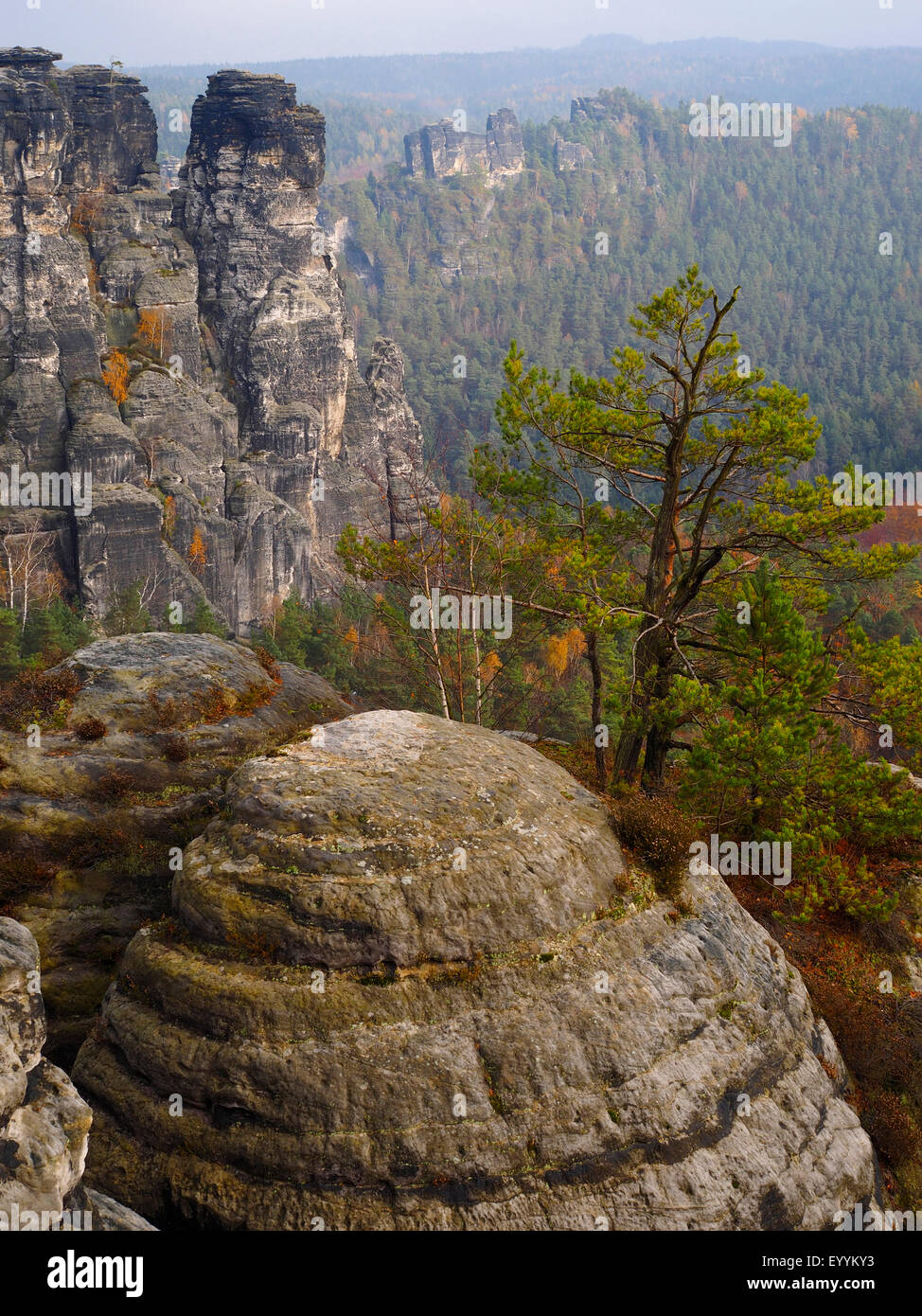 view from Bastei is a rock formation to Elbe Sandstone Mountains in autumn, Germany, Saxony, Saxon Switzerland National Park Stock Photo
